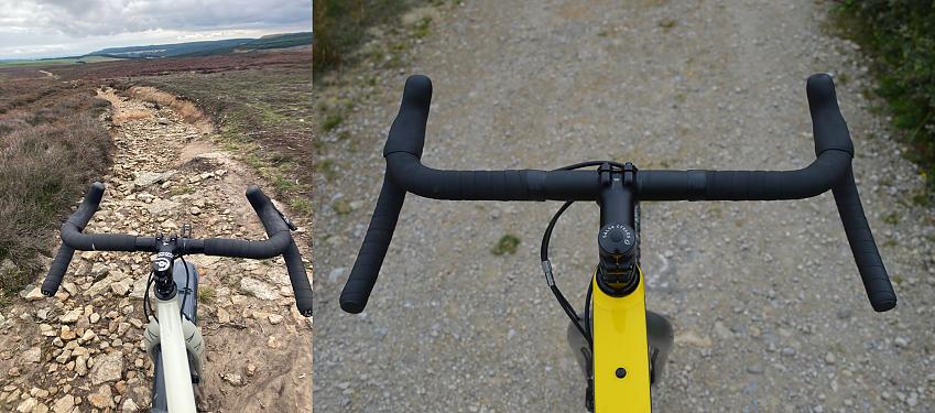 A composite image showing the handlebar of the Mason (left) and the Salsa (right)