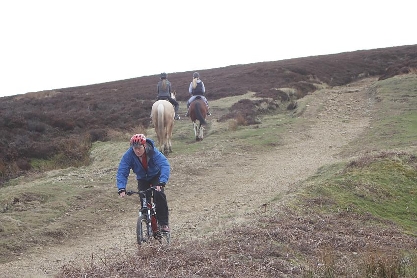 A man on a mountain bike is cycling on an off-road trail. He is cycling towards the camera and riding in the opposite direction are two girls on horses.