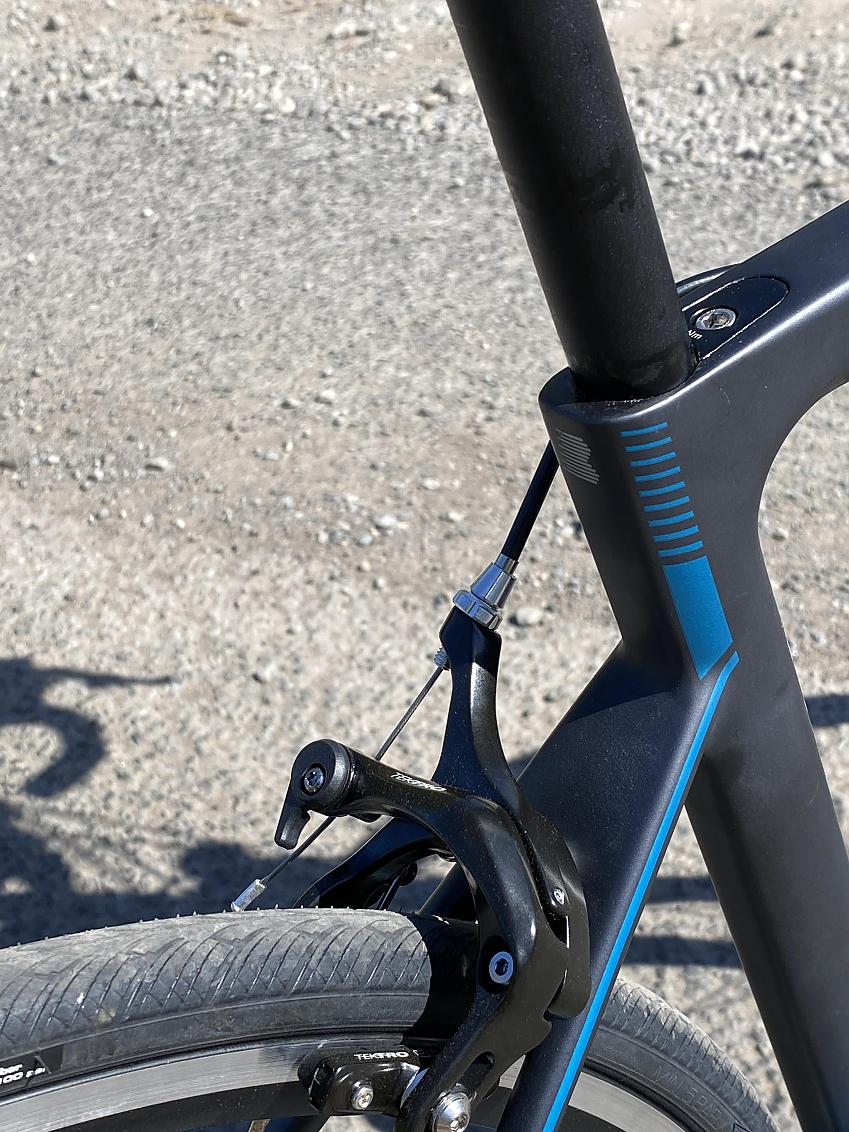 A close-up of the Boardman's rim brakes