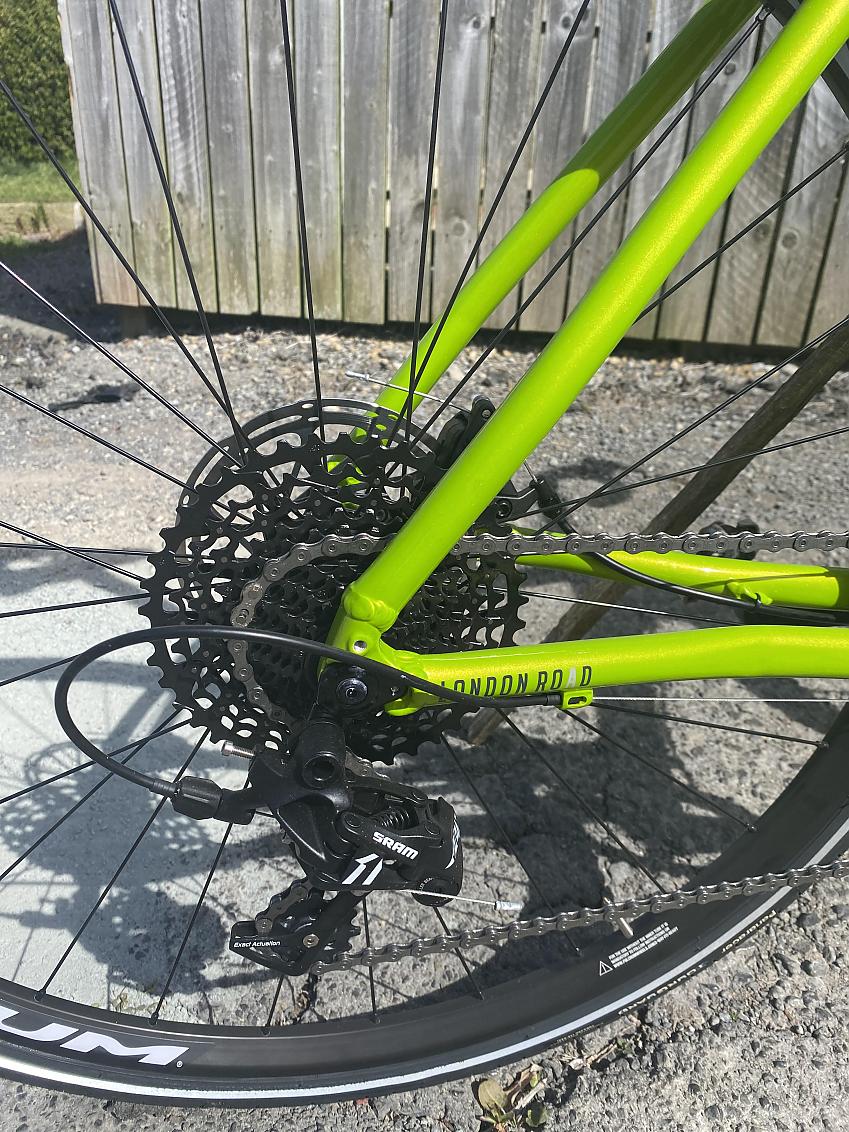 A close-up of the Planet X's cassette and rear derailleur