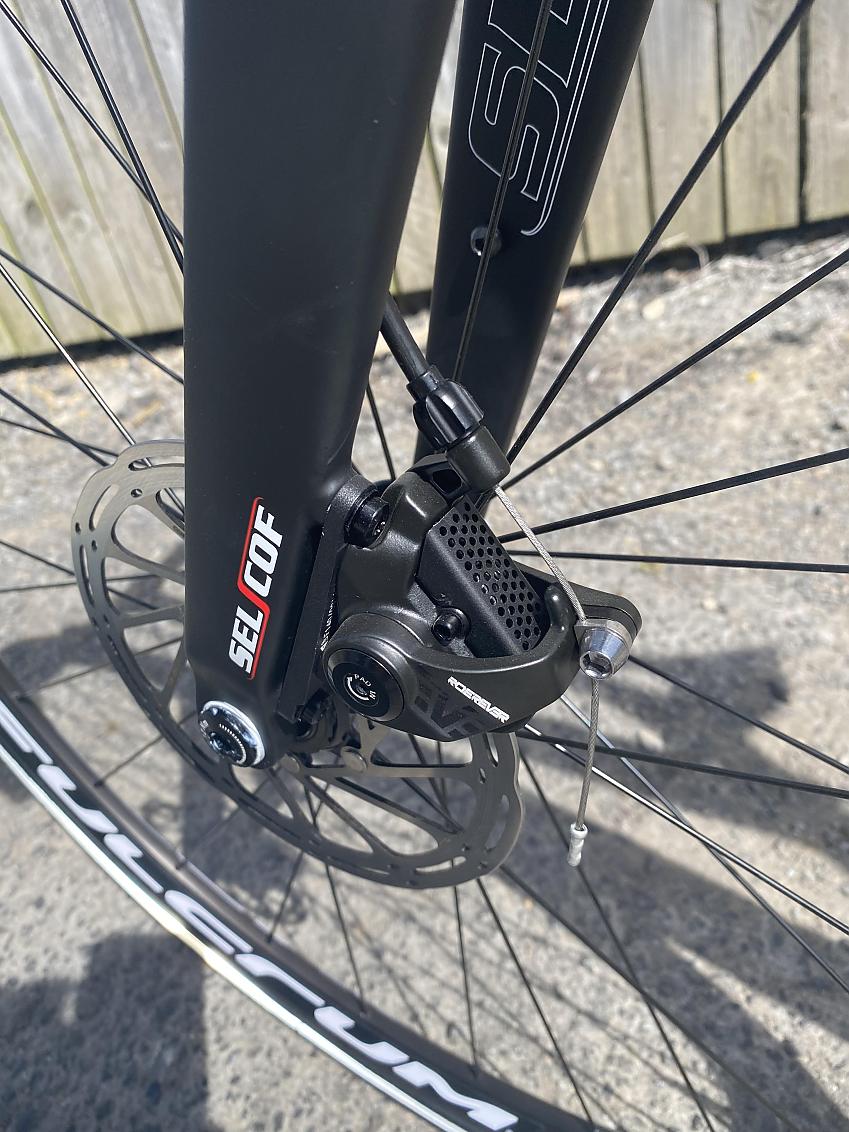 A close-up of the Planet X's disc brakes
