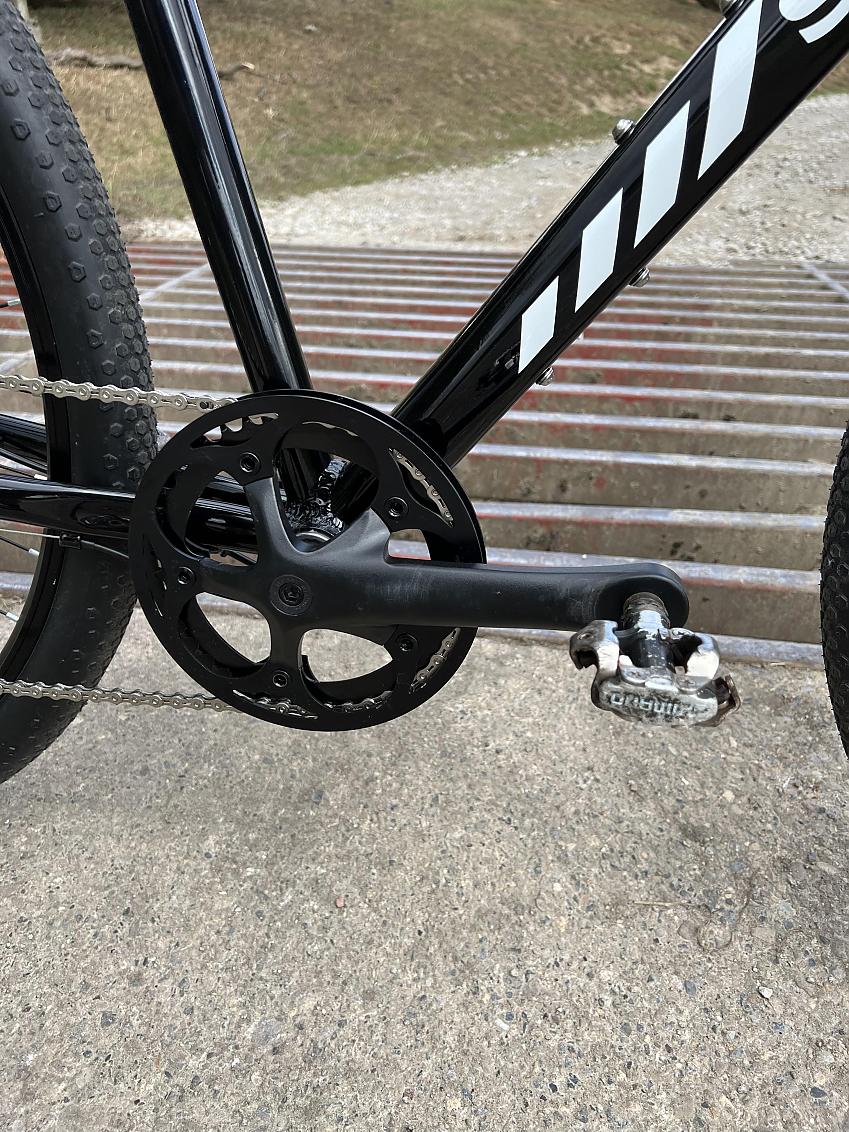 A close-up showing the Schwinn's single chainring and crank