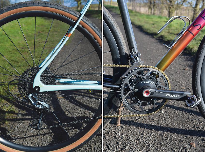A composite image showing the Vielo's cassette and rear derailleur (left) and  the Isen's chainrings and crank and pedal (right)