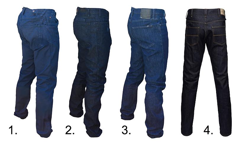 Four pairs of men’s jeans in a row