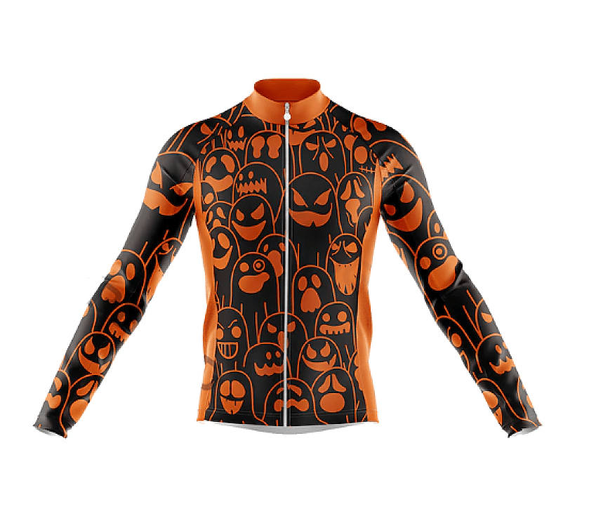 A black and pumpkin orange long-sleeved cycling jersey with a stylised ghost pattern