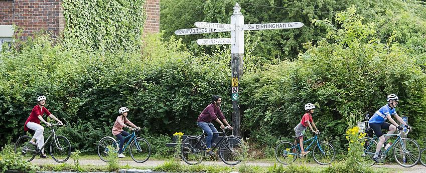 Leisure cyclists on a West Midlands canal towpath