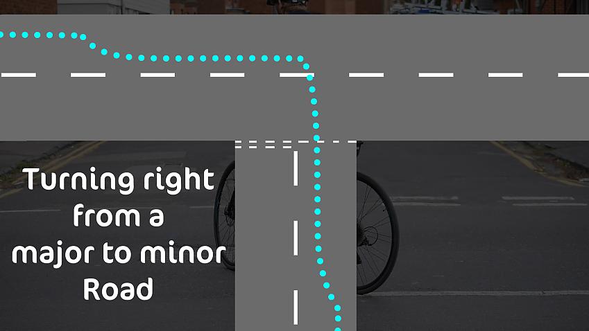 An illustration showing how to turn right from a major road to a minor one