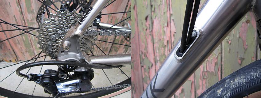 A composite photo showing a close-up of the Kinesis's cassette and seat and chain stays where the rack mounts are (left) and the cables going into the bike's down tube (right)