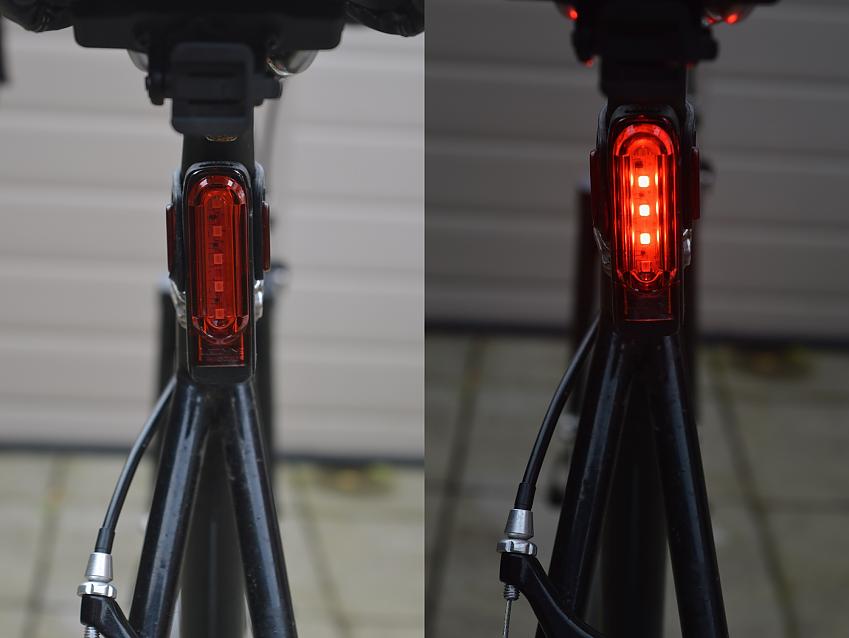 An amalgamated shot of a red rear bike light mounted under the seat, the left isn't lit up, the right is