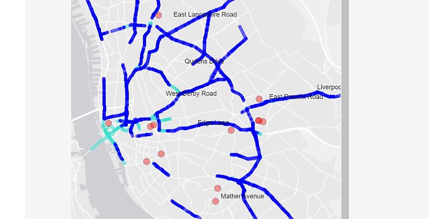 Map of city with blue lines showing potential cycle routes