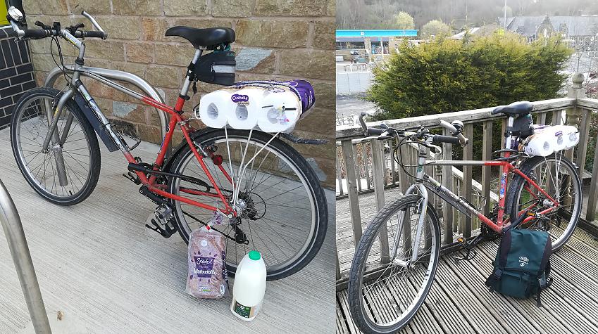 A bike with shopping and a full rucksack