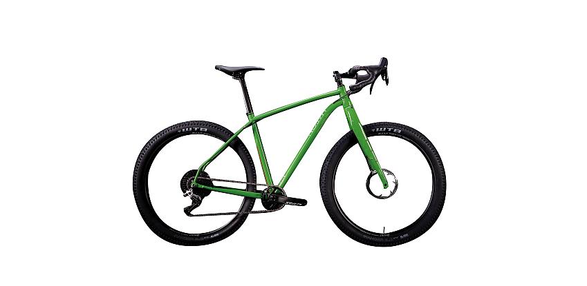 Mason Insearchof Rival 1X, a bright green adventure bike with very fat tyres