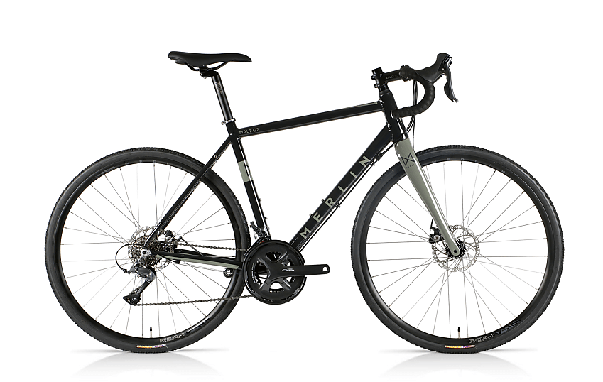 Merlin Malt G2 Claris, a black road bike with knobbly tyres