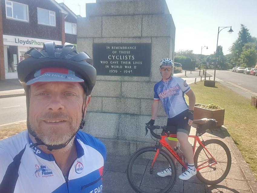 Mick and Karl from Cannon Hill CC visit the Cyclists' Memorial at Meriden.  Photo by Cannon Hill CC
