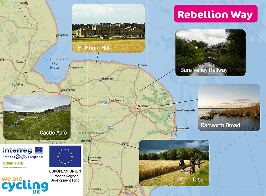 A map of Norfolk showing highlights of the Rebellion Way