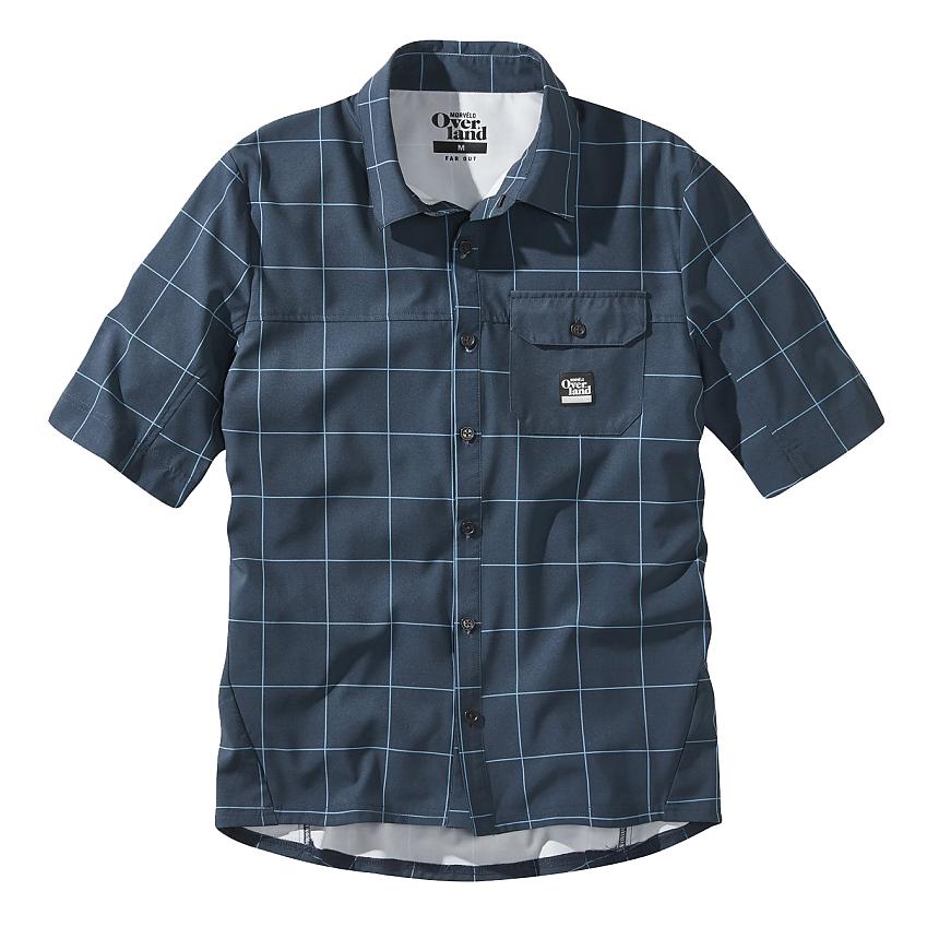Morvelo Tract Overland SS Shirt, a dark blue short-sleeved shirt with a lighter blue grid pattern