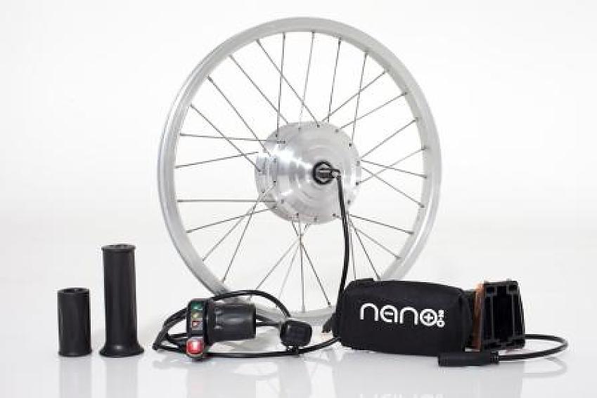 Nano Electric kit for converting a Brompton to an e-assist bike; it comprises front wheel with hub motor, battery pack and cables
