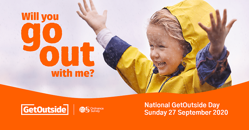 Child in a yellow coat beaming and waving arms in the rain. Text overlay says 'Will you go out with me?'