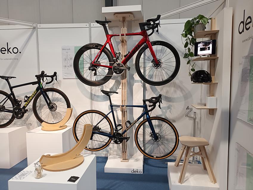 The deko bike rack fits two bikes and integrates with shelving and a stool in the same design range