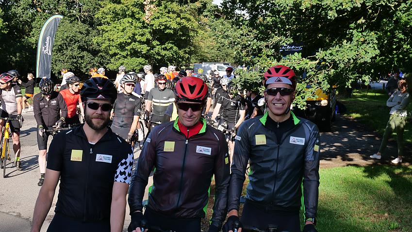 The three riders were joined by supporters and friends on the first leg of the challenge