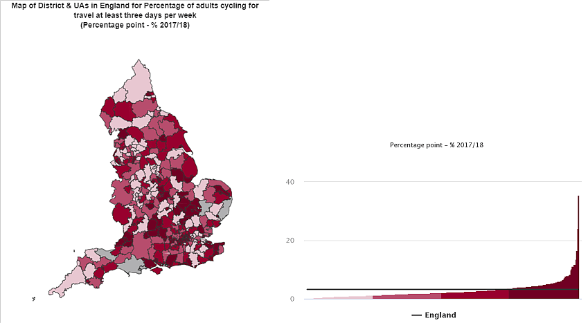 Map of proportion of people cycling regularly in England