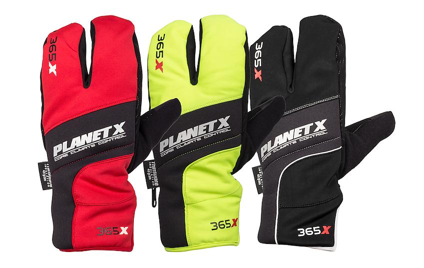 Three Planet X Crab Hand cycling gloves, in black and red, black and yellow and plain black