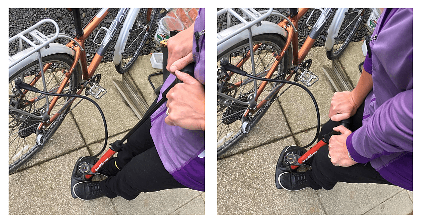 the left one shows a woman pumping up a cycle tyre with the pump fully extended; the right one shows the same woman with the pump fully depressed