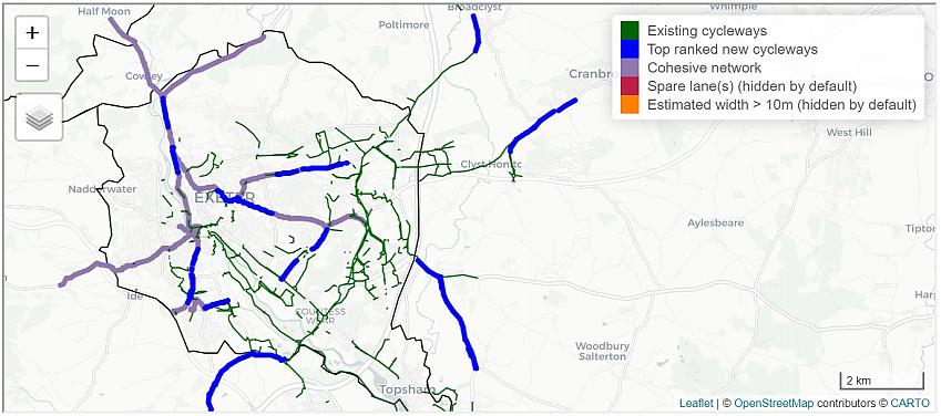 Map of potential cycle routes in Exeter using the Rapid Cycleway Prioritisation Tool