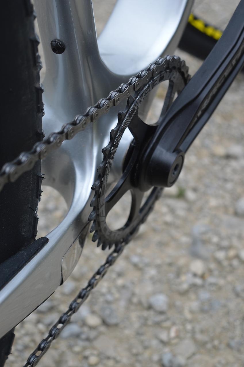 A close-up of the Salsa's single chainring, also showing a bit of the chain and crank