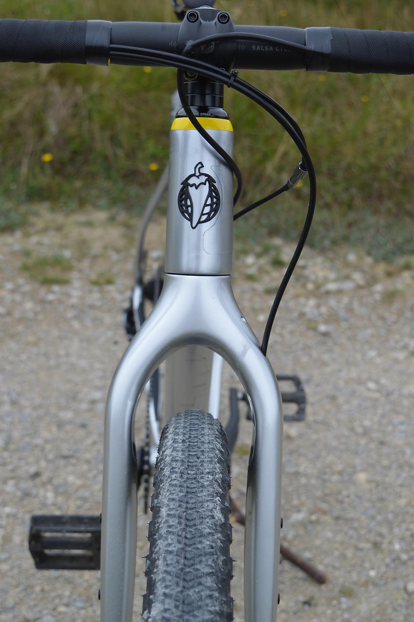 A close-up of the Salsa's front fork from the fork to show the distance between the fork and the wheel