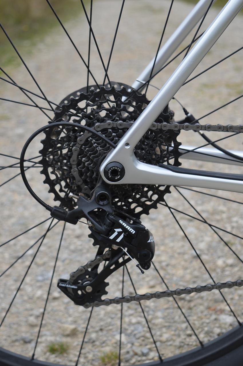 A close-up of the Salsa's cassette and rear derailleur