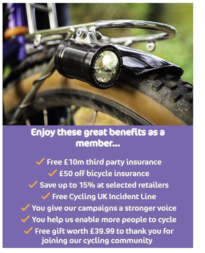 A graphic with a photo of a bike light mounted on a mudguard with a list of the benefits of being a Cycling UK member