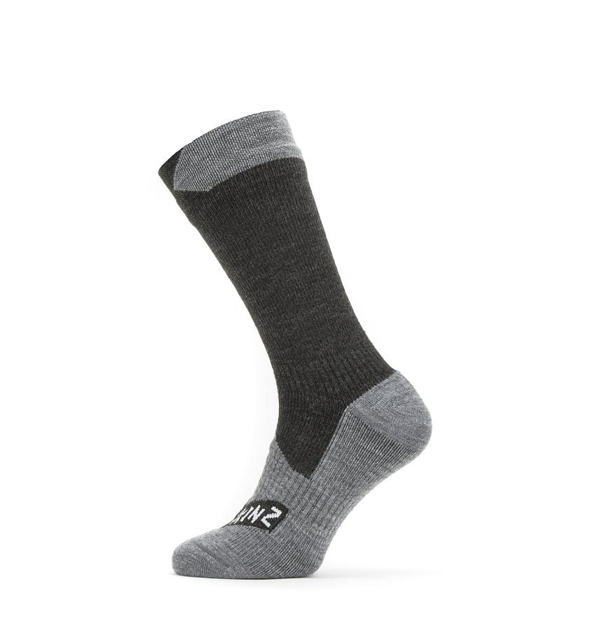 The Sealskinz Waterproof All Weather Mid Length Socks, with a light grey foot and cuff and dark grey leg