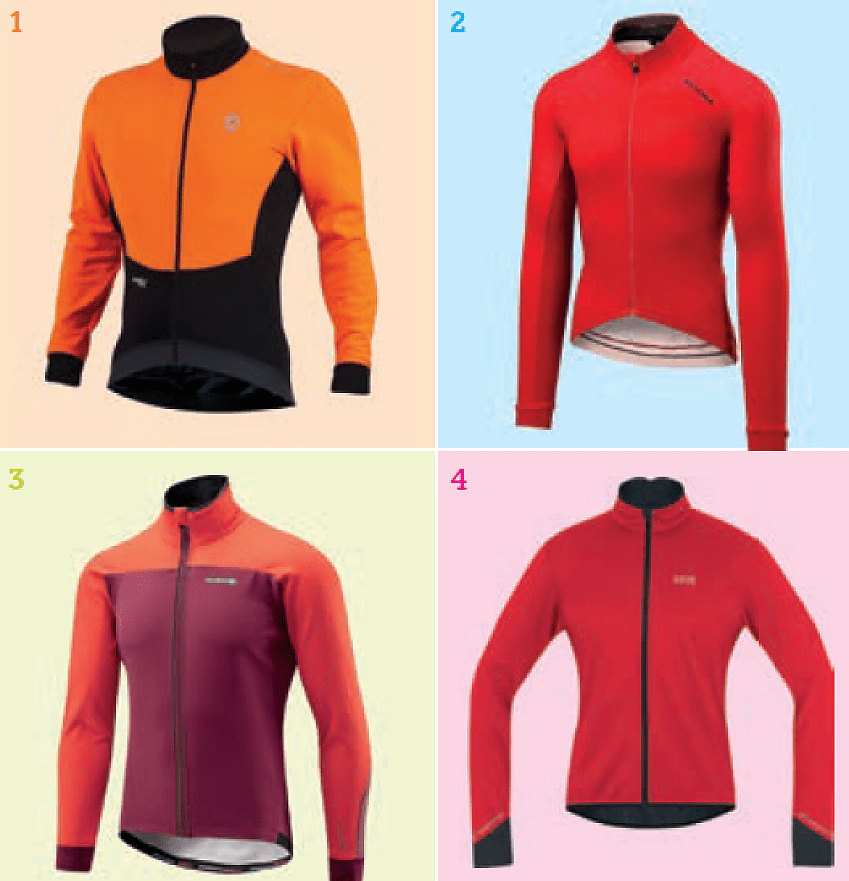 Four softshell cycling jerseys. 1 black and orange Lusso Aqua Extreme Repel V2; 2 red Altura Race Long Sleeve Jersey; 3 red and maroon Madison Roadrace Apex Softshell; 4 red Gore C5 Gore Windstopper Thermo Jacket