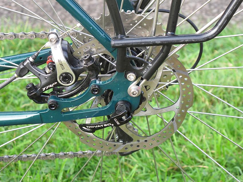 A close-up of the Spa's disc brakes, along with rear derailleur