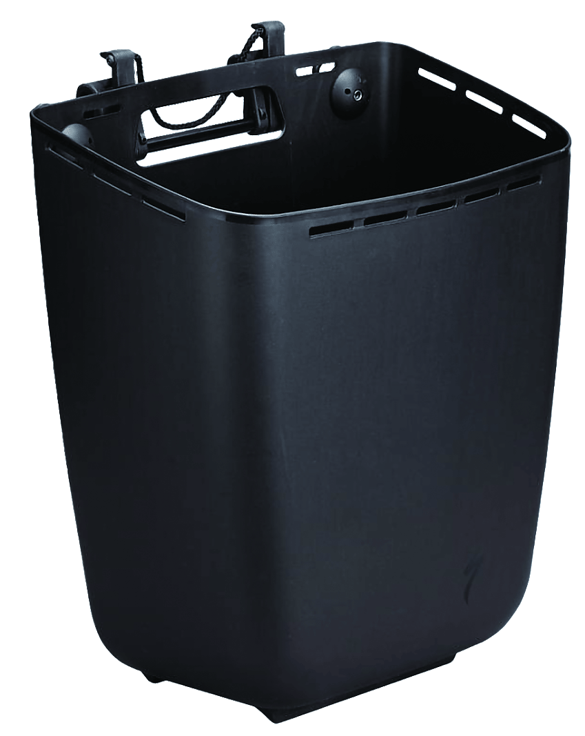 A black pannier bag made from hard plastic