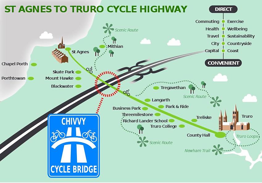 Graphic of potential Truro Cycle Highway including cycle bridge
