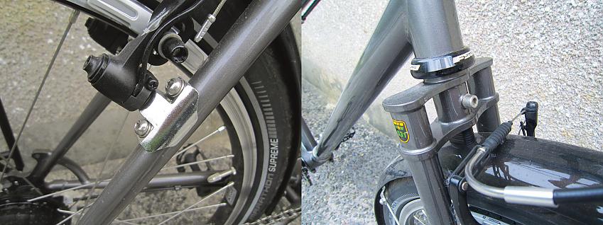 A close-up of the Thorn's brakes (left) and front fork (right)