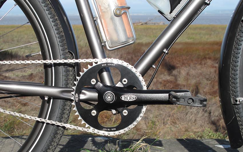 A close-up showing the Thorn's chainset, crank and pedal