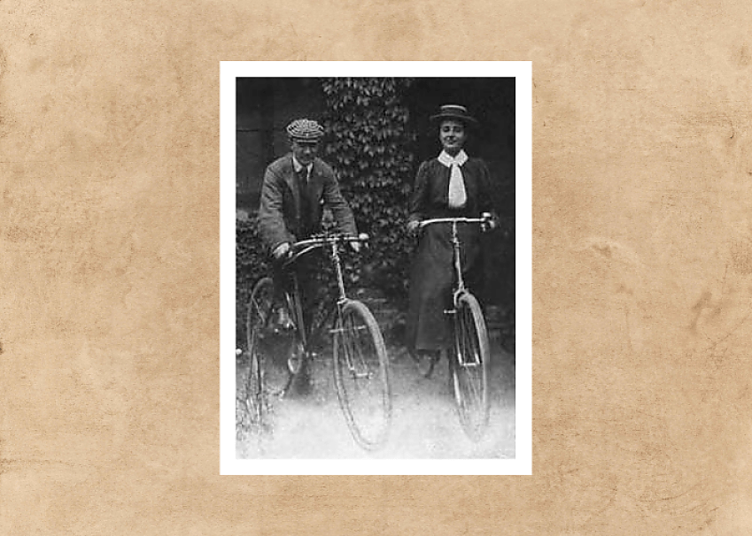 Rose and Tom Lamartine Yates on their bikes, c1900, Hugh Morgan/Merton Cycling Campaign