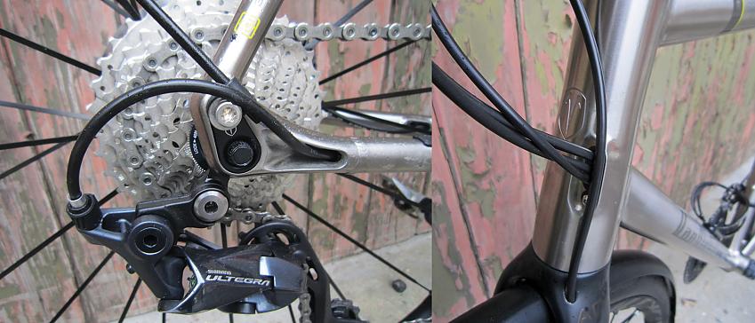 A composite photo showing a close-up of the Yukon's cassette and seat and chain stays where the rack mounts are (left) and the cables going into the bike's head tube (right)