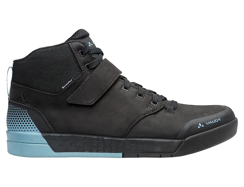 Vaude Moab AM Mid STX shoe. It's black with the Vaude logo in light blue and the back of the sole the same colour, with a bit of a honeycomb pattern in the same colour just above