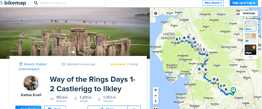 An image from Bikemap website showing a picture of a stone circle plus a map of Britain with a route plotted in blue between Castlerigg and Ilkley