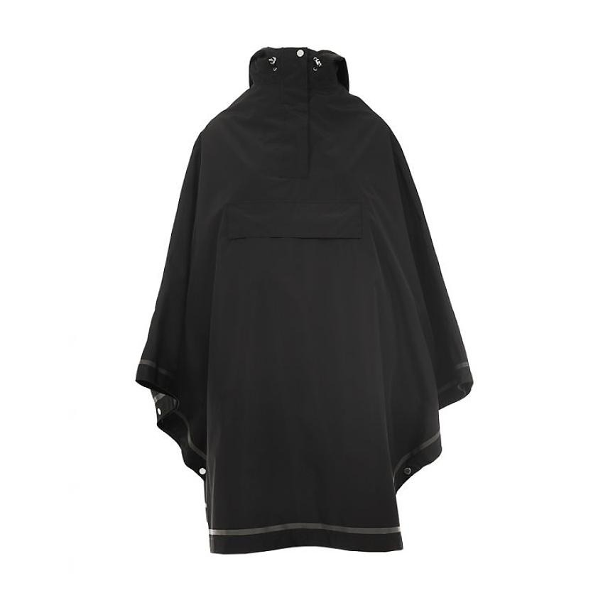 The Weathergoods Imbris Rain Poncho is a long black poncho with a large pocket on the front