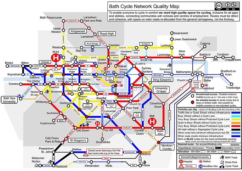 An illustration of a Tube map style map of the cycling network in Bath
