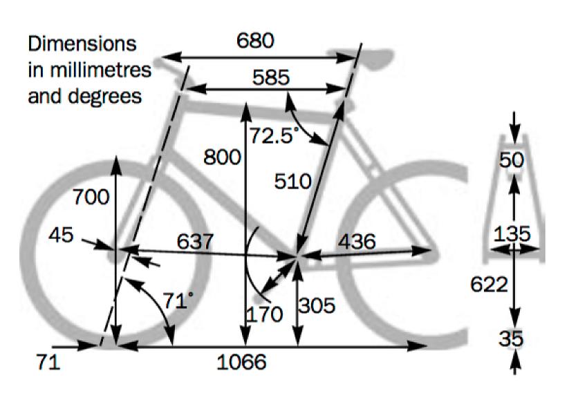 An illustration showing the dimensions of the BMC Alpenchallenge AC02 Nexus city hybrid bike