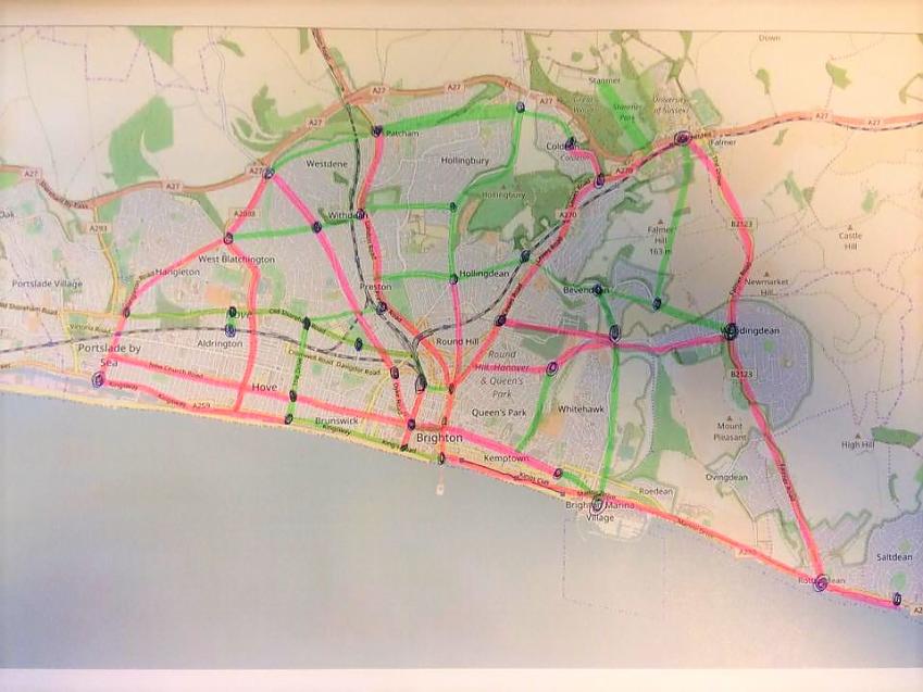 The same map of Brighton, this time with the hubs linked together using marker pens