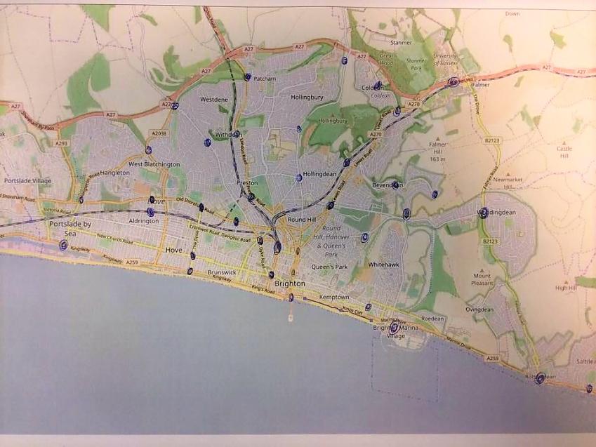 A scan of a paper map of Brighton with major hubs marked in biro