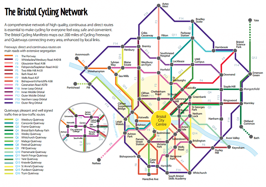An illustration of a Tube map style map of the cycling network in Bristol