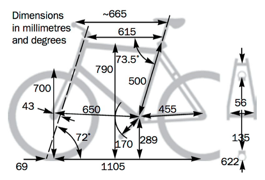 An illustration showing all the dimensions and measurements of the B’twin Hoprider 300 City touring bike